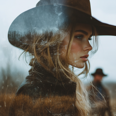 Double Exposure of Cowgirl and Cowboy