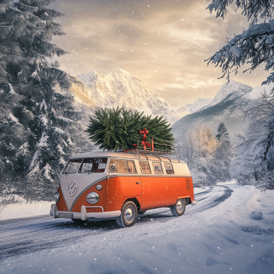 Santa Driving an Orange VW Bus