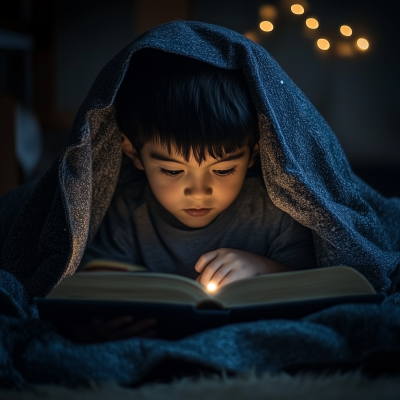 Boy Reading Under Blanket