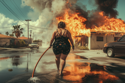 Overweight Punk Woman Leaving Burning Building