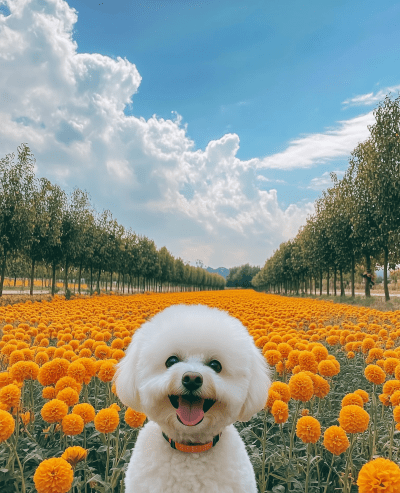 Happy Bichon Frise in Flowers