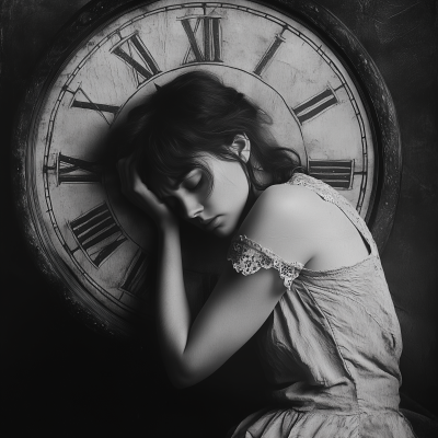 Sad and Tired Woman Leaning on a Clock