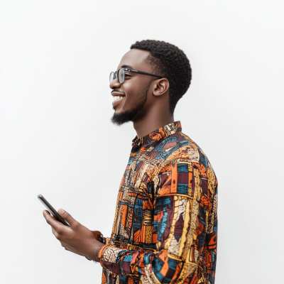 Cheery African man with Android phone