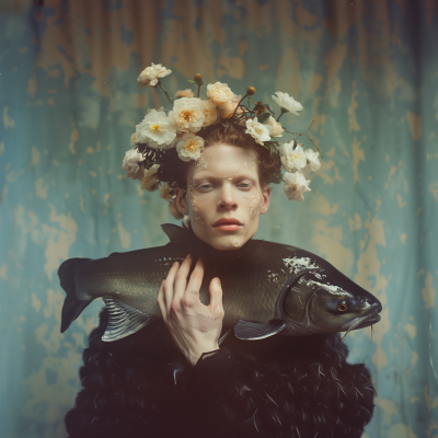 Young Man with Flower Crown and Fish