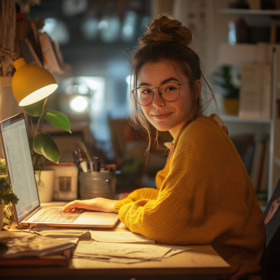 Gen Z woman in cozy home office