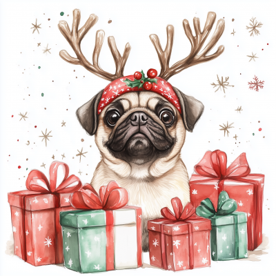 Cute Pug with Christmas Antlers