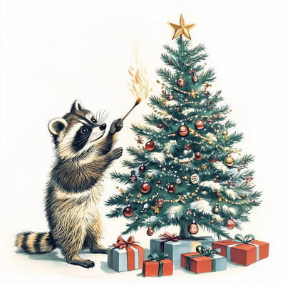 Raccoon Setting Fire to Christmas Tree