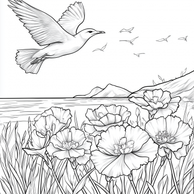 Seaside Carnations and Seagull