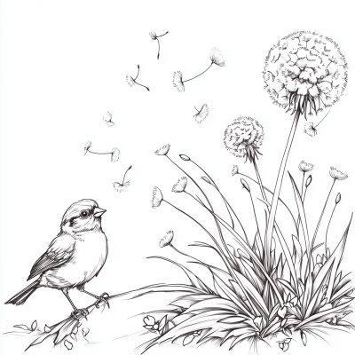 Dandelions and Sparrow Coloring Page