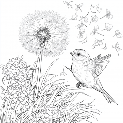 Dandelion Seeds and Sparrow