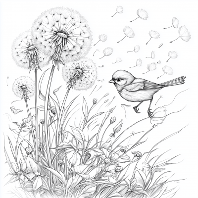 Dandelions and Sparrow Coloring Page