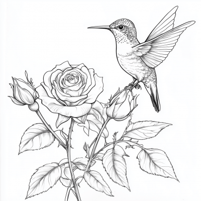 Hummingbird and Roses Coloring Page