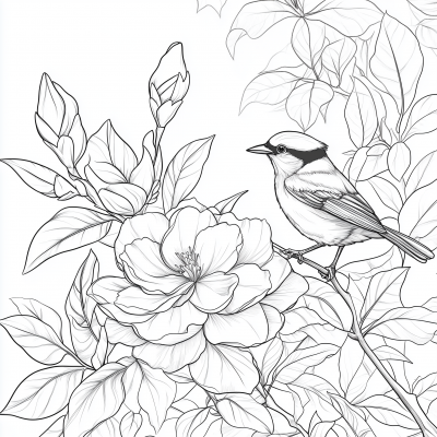 Blooming Gardenia with Chickadee