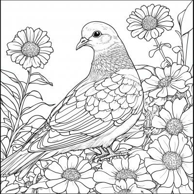 Zinnias and Dove Coloring Page