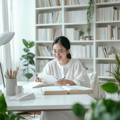 Studious Asian Student at Desk