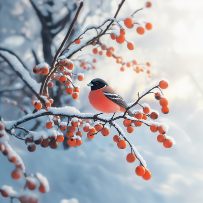 Bullfinch on Snowy Branch