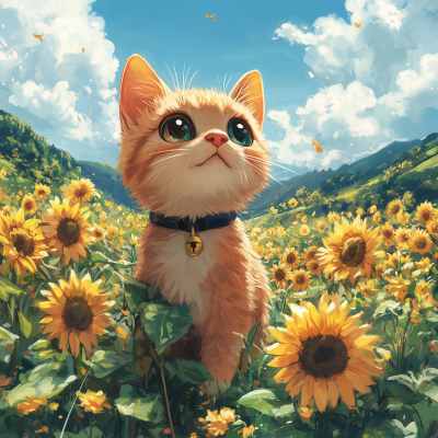 Kawaii Cat in Sunflower Field