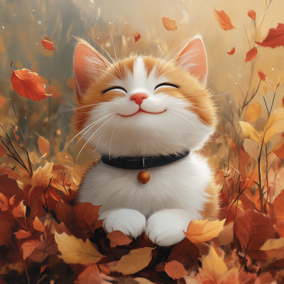 Kawaii Cat in Leaves