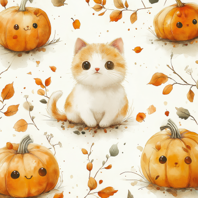 Kawaii Water Cats in Pumpkin Field