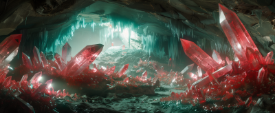 Underground Cave with Red and Green Crystals