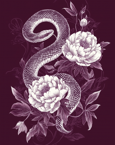 Snake and Peonies Tattoo Design