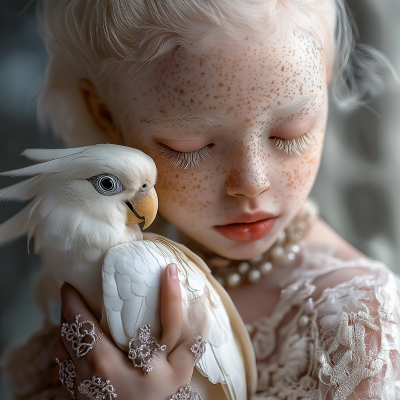 Albino Girl with White Parrot