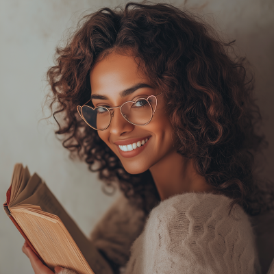 Woman Reading with Heart Glasses