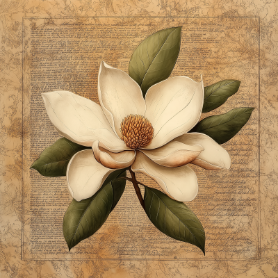 Magnolia Flower in Manuscript Style