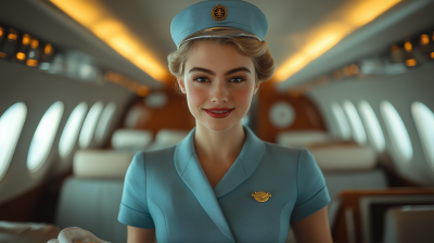 Vintage Stewardess in 1950s Airplane Cabin