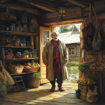 Tired Merchant in Wooden Shop