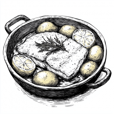 Vintage Sketch of Baked Potatoes and Fish