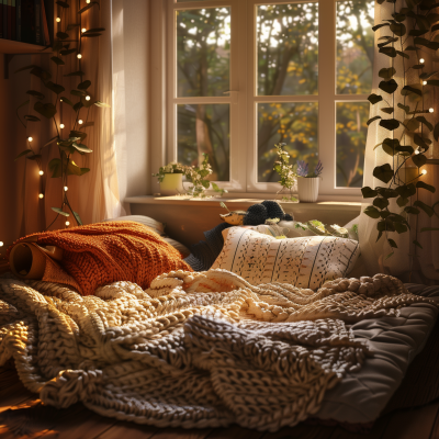 Cozy Room with Knitted Blanket