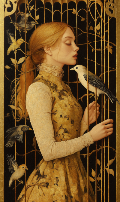 Young woman in a golden birdcage