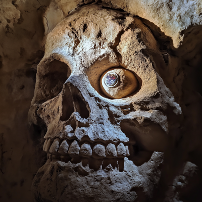 Carved Skull in Cave Wall