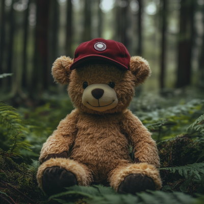 Stuffed Bear in Forest with Baseball Hat