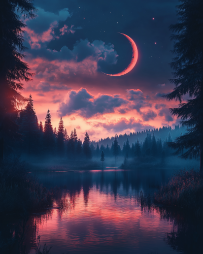 Night Lake with Crescent Moon