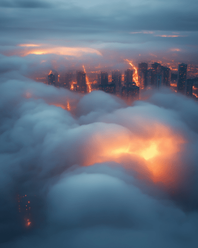 Glowing City Under Clouds