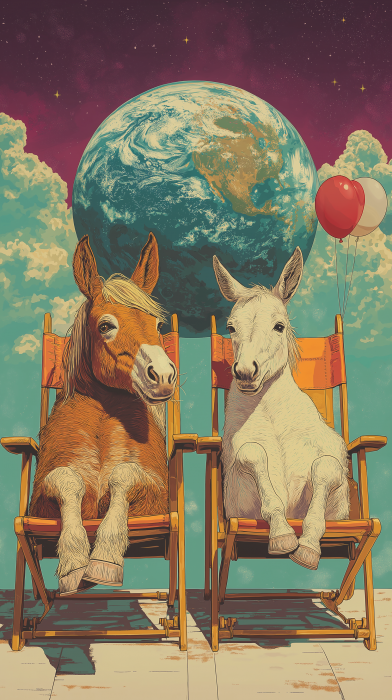 Pony and Donkey lounging with balloons