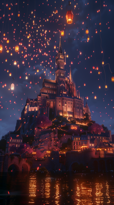 Rapunzel gazing at lanterns