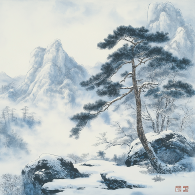 Snowy Pine with Crane