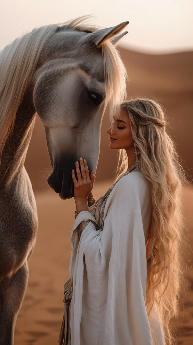 Woman with Horse in Desert