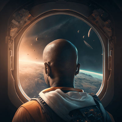 Bald Man in Spaceship Landing on Moon