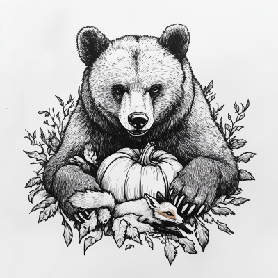 Black and White Tattoo Design of a Bear with Pumpkin and Fox