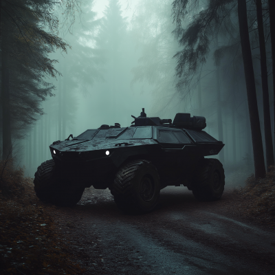 Dark Military Vehicle in Scary Forest