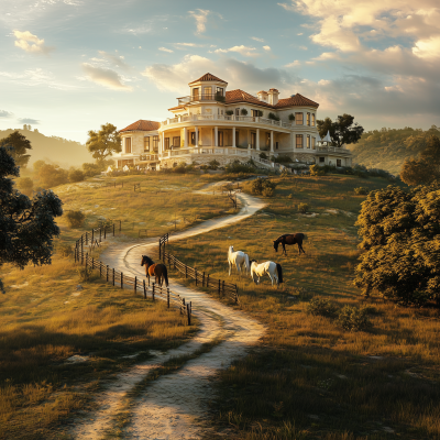 Luxurious Mansion with Grazing Horses