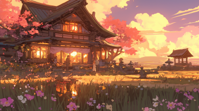 Japanese Landscape with House and Flowers