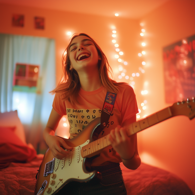 Teenage Guitarist Jamming at Night