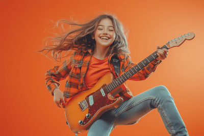 Teenage Girl Jumping with Guitar