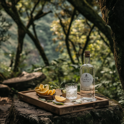 Gin Bottle and Cocktail Set Up Picnic at the Madeira Island Rain Forest