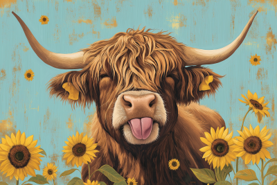 Highland Cow with Sunflowers